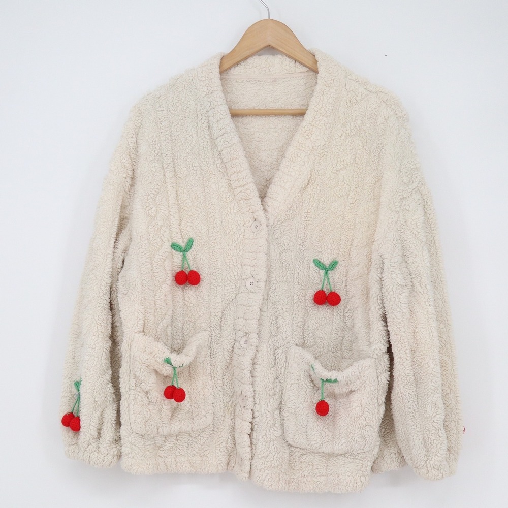 Unbranded Sherpa Fleece Cherry Cardigan Cream 3D Crochet Fruit Applique Jacket